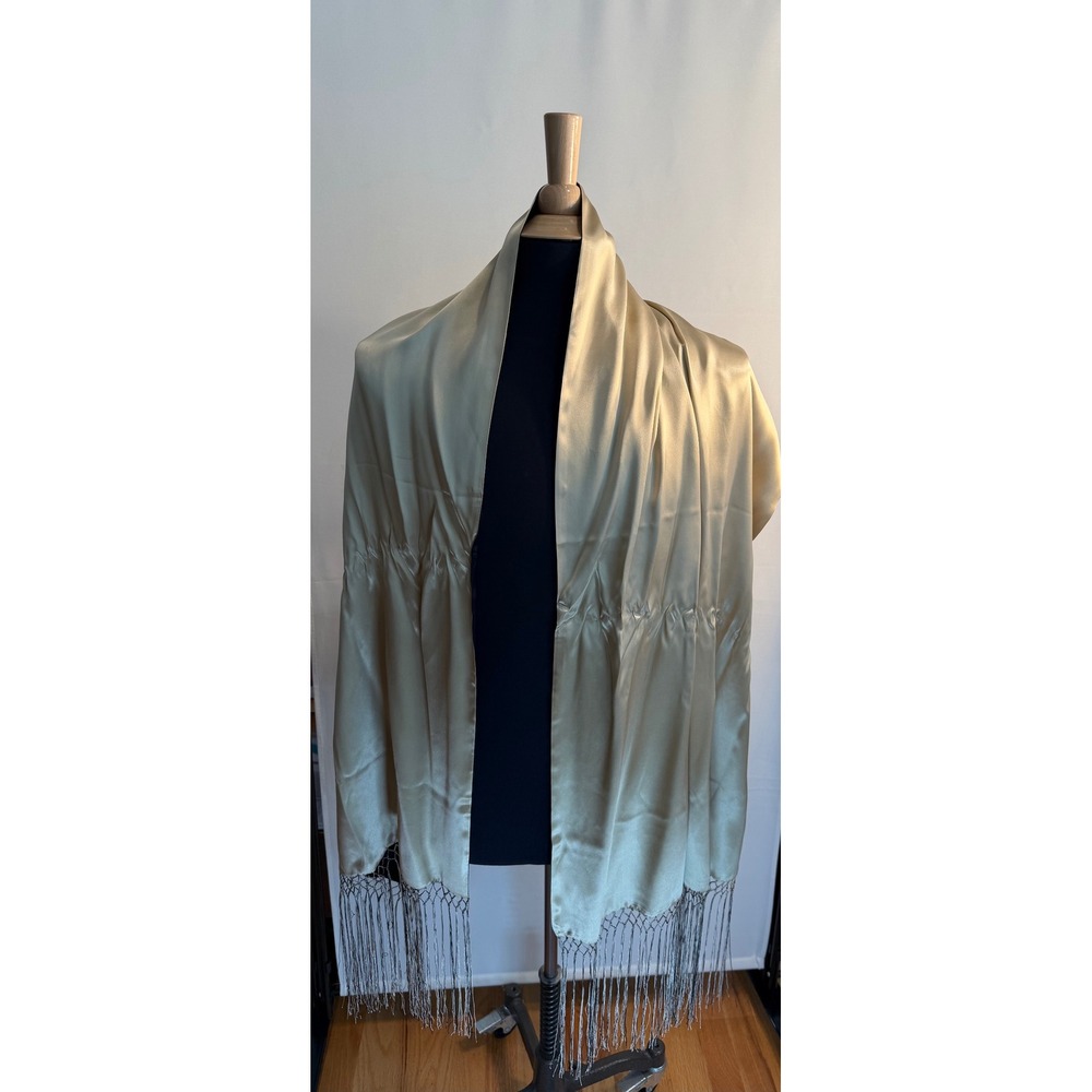 Shanghai Museum Reversible Silk Satin Shawl Wrap Black Champagne Fringe Vintage